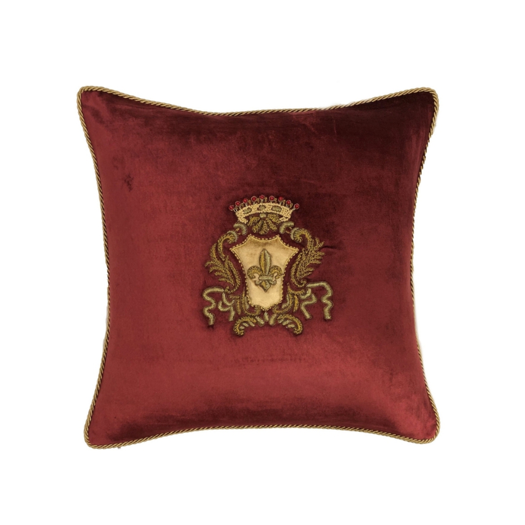 Sanctuary Cushion Cover - Hand Embroidered Velvet Maroon Emblem image 0